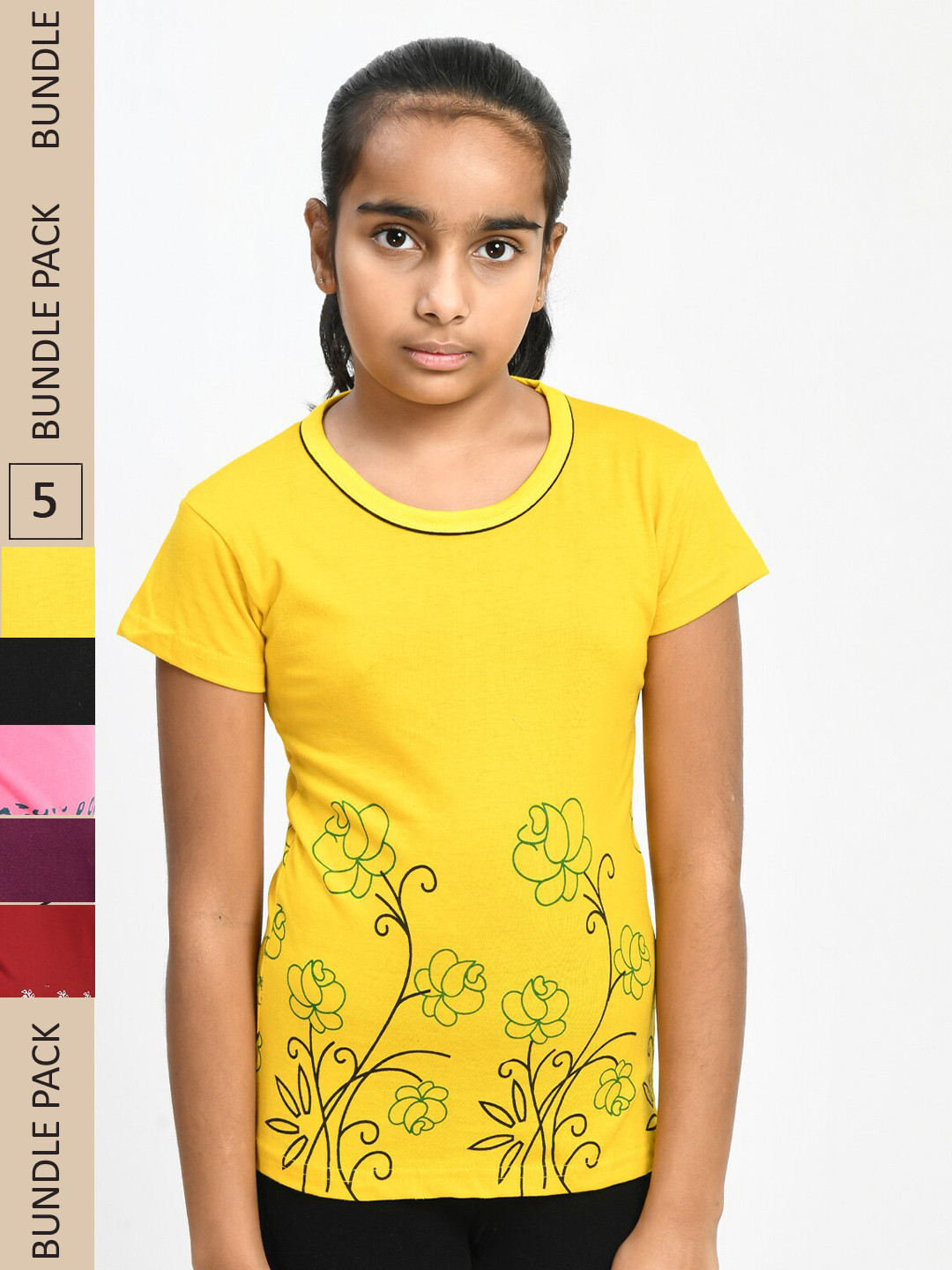 

IndiWeaves Girls Pack of 5 Floral Printed Pure Cotton T-Shirts, Yellow