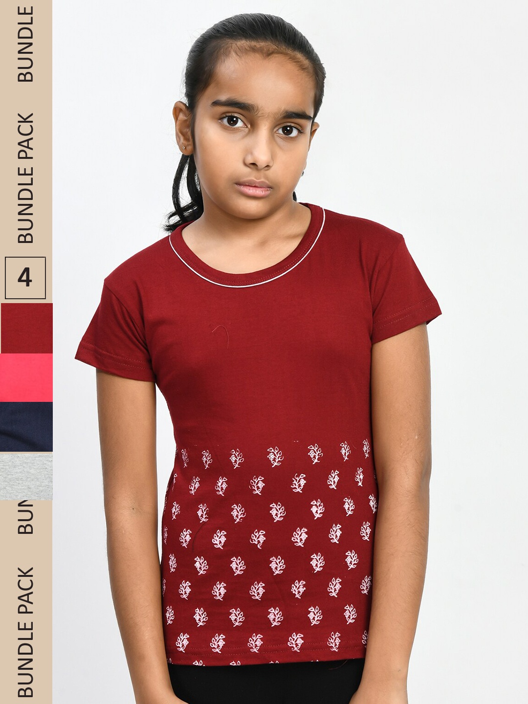 

IndiWeaves Girls Pack Of 4 Printed Round Neck Cotton T-shirt, Maroon