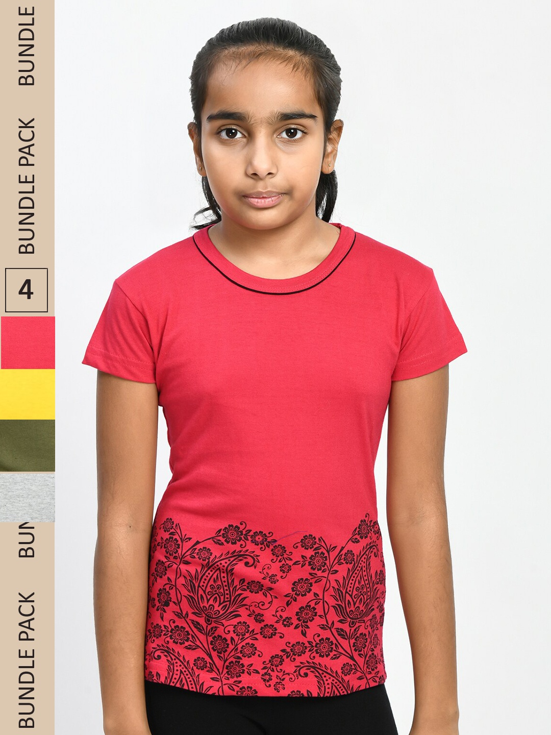 

IndiWeaves Girls Pack of 4 Printed Pure Cotton T-shirt, Red