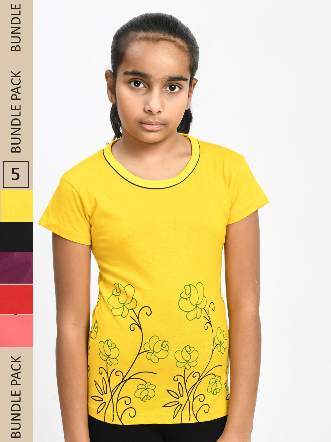 

IndiWeaves Girls Pack Of 5 Printed Round Neck Pure Cotton T-shirt, Yellow