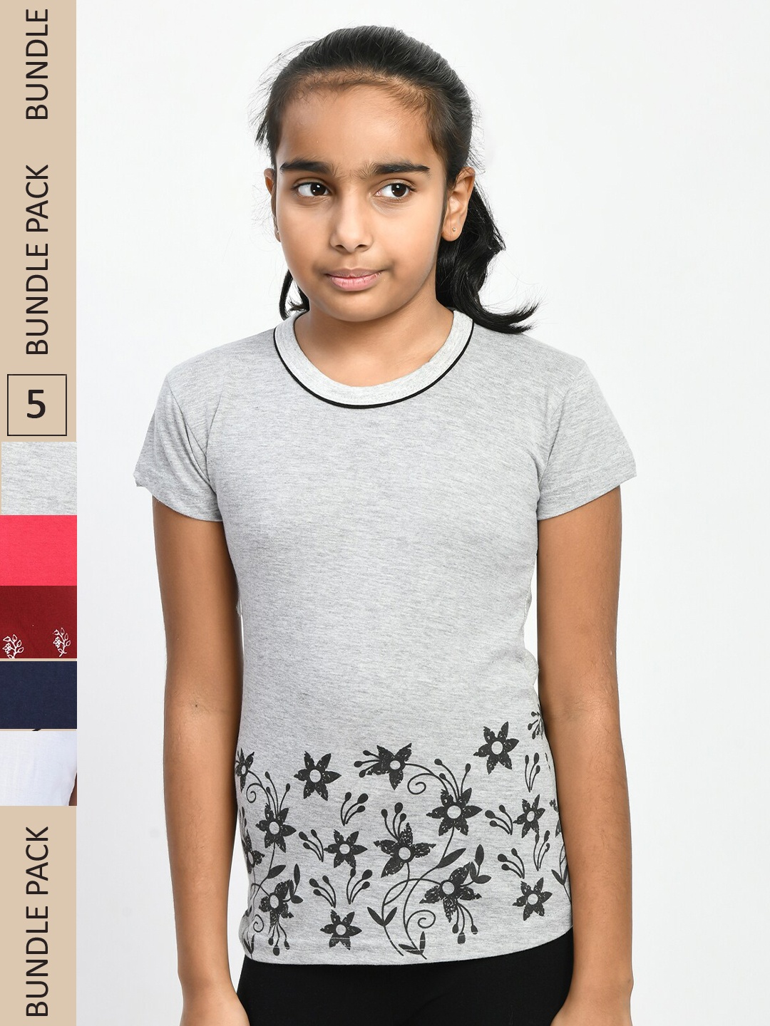 

IndiWeaves Girls Pack of 5 Printed Pure Cotton T-shirt, Grey
