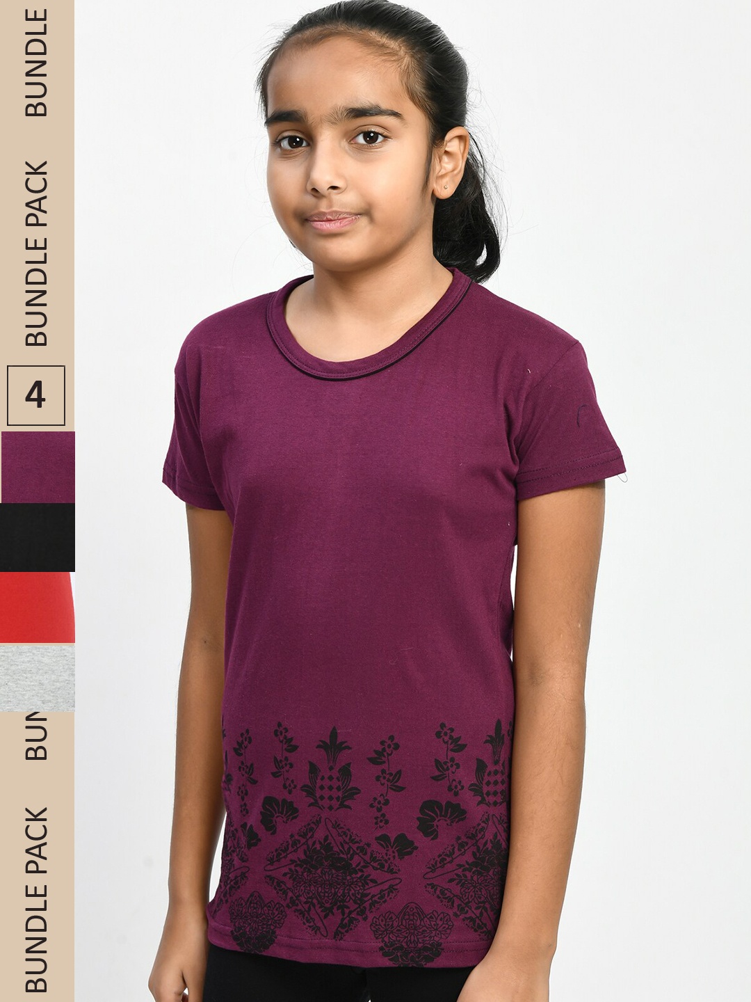 

IndiWeaves Girls Pack of 4 Printed Pure Cotton T-shirt, Purple