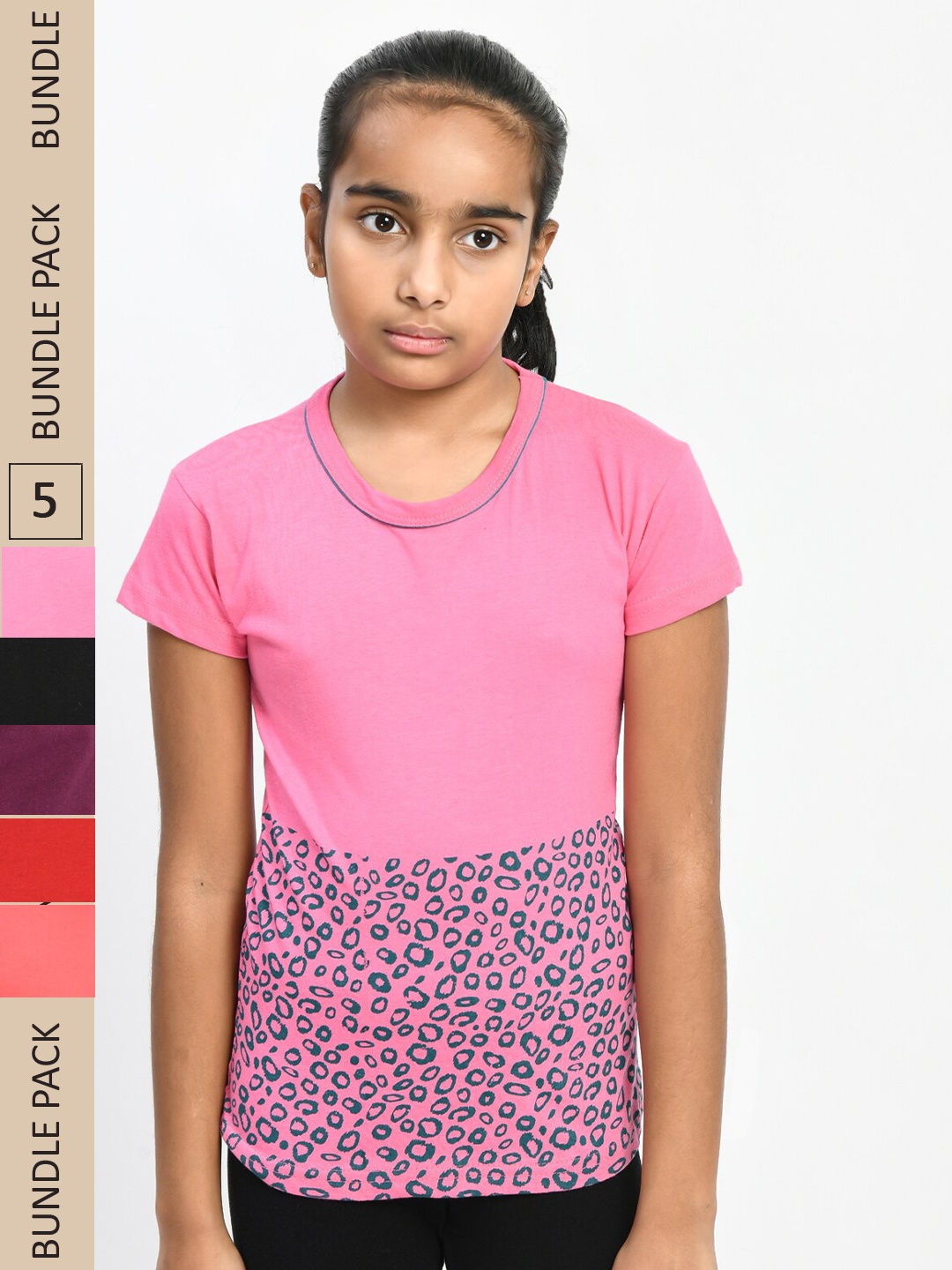 

IndiWeaves Girls Pack Of 5 Printed Round Neck Pure Cotton T-shirt, Pink