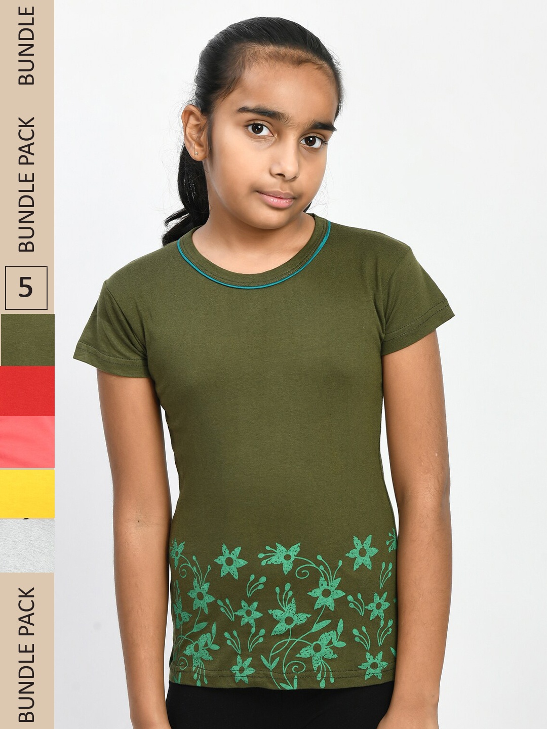 

IndiWeaves Girls Pack Of 5 Printed Round Neck Pure Cotton T-shirt, Green