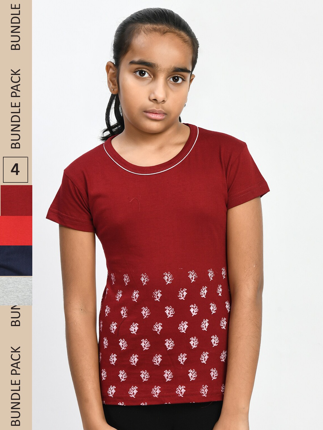 

IndiWeaves Girls Pack of 4 Printed Pure Cotton T-shirt, Maroon