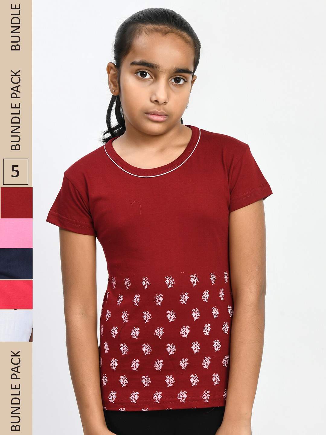 

IndiWeaves Girls Pack of 5 Floral Printed Pure Cotton T-Shirts, Red