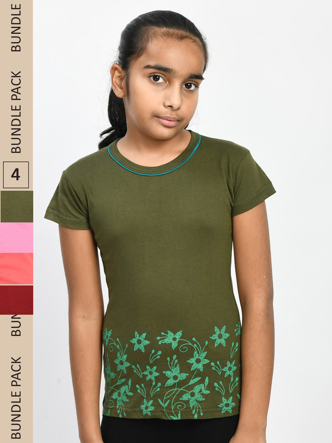 

IndiWeaves Girls Pack Of 4 Printed Round Neck Pure Cotton T-shirt, Green