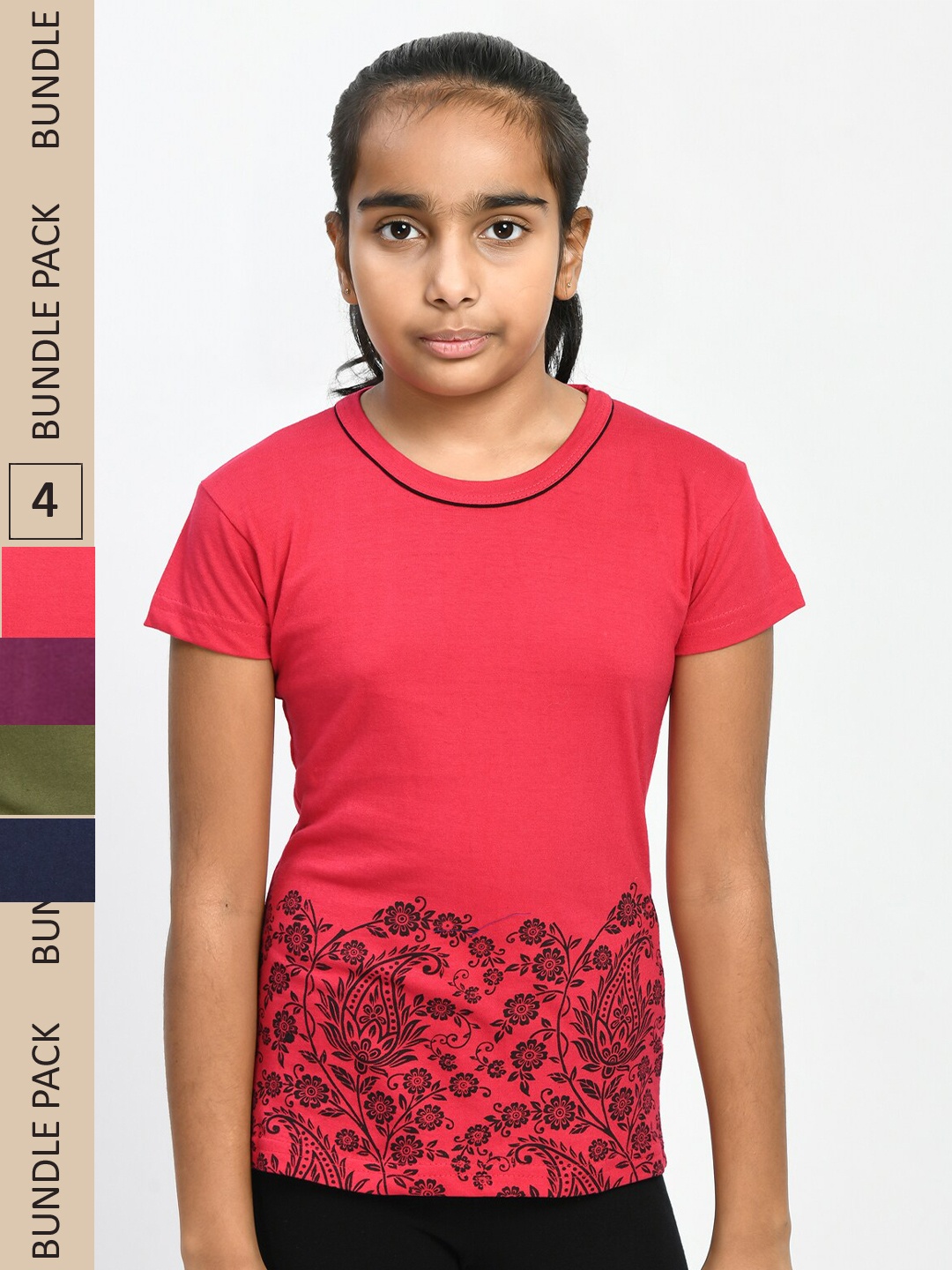 

IndiWeaves Girls Pack of 4 Floral Printed Pure Cotton T-Shirts, Coral