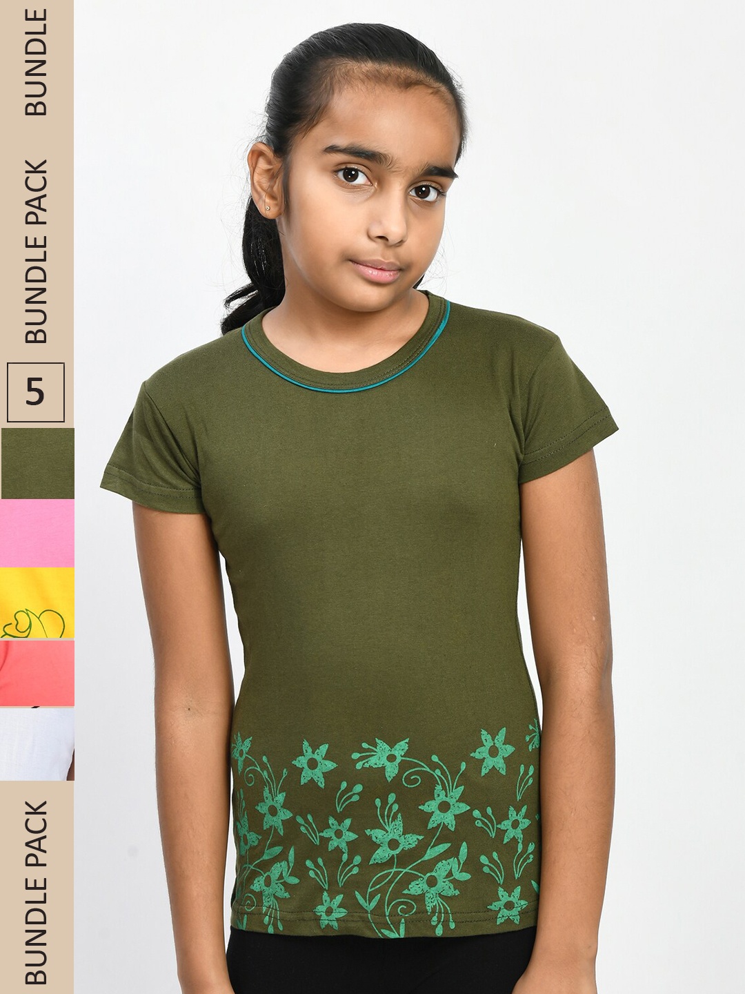 

IndiWeaves Girls Pack of 5 Printed Pure Cotton T-shirt, Green