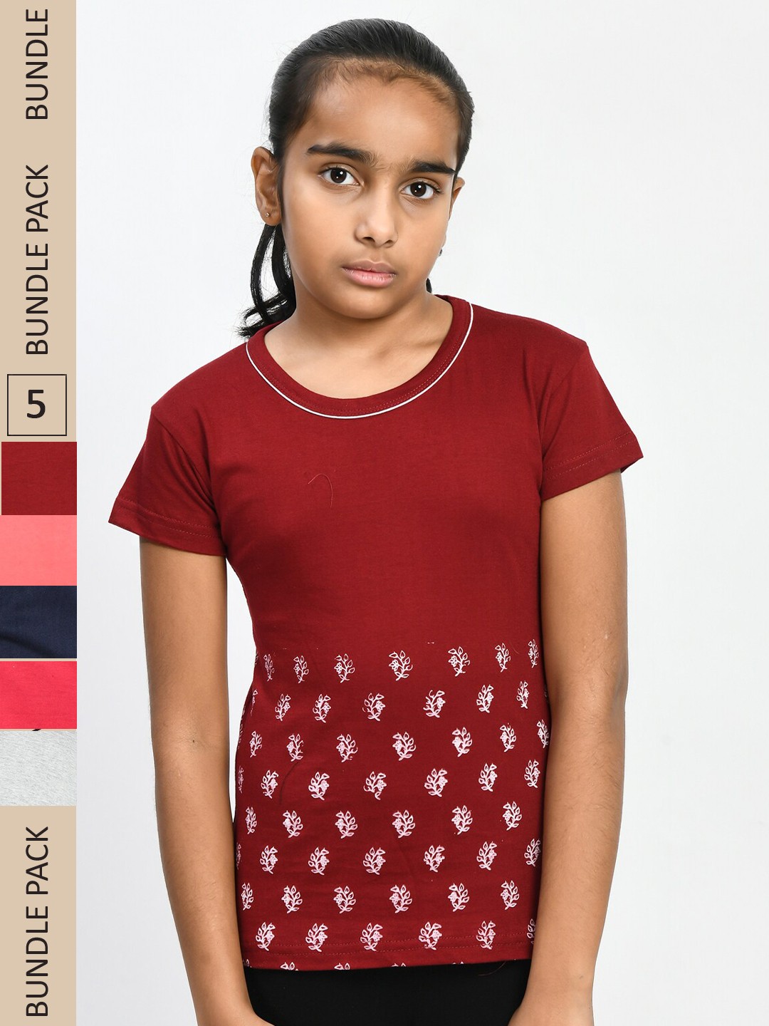 

IndiWeaves Girls Pack of 5 Printed Pure Cotton T-shirt, Maroon