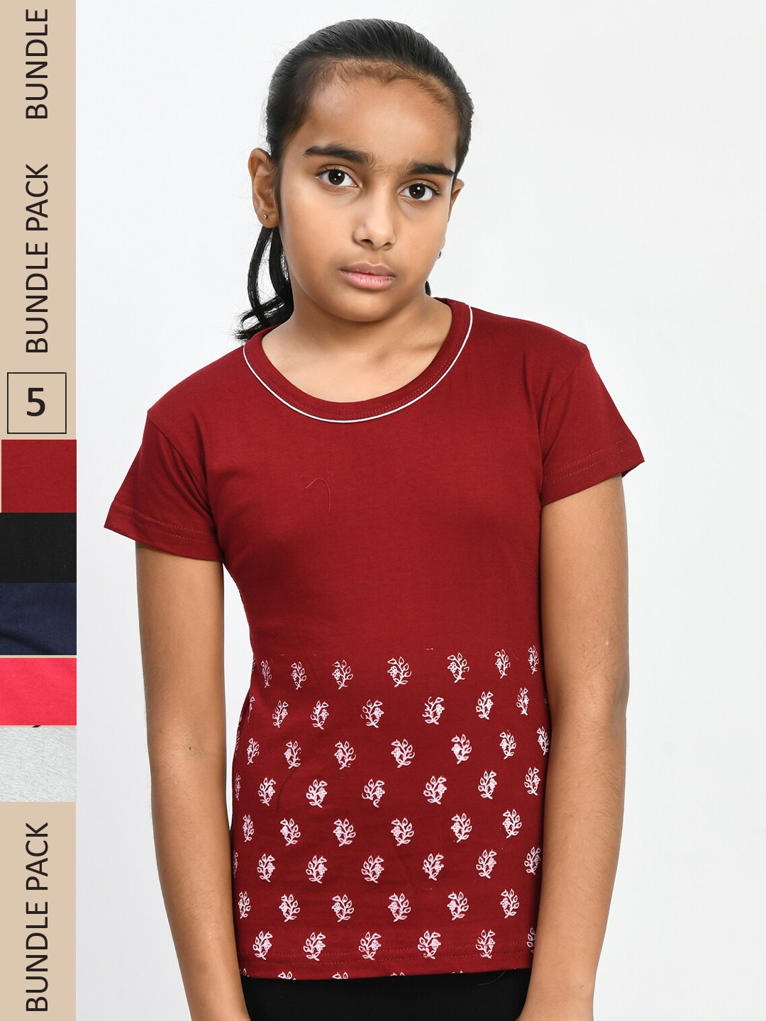 

IndiWeaves Girls Pack Of 5 Printed Round Neck Pure Cotton T-shirt, Maroon