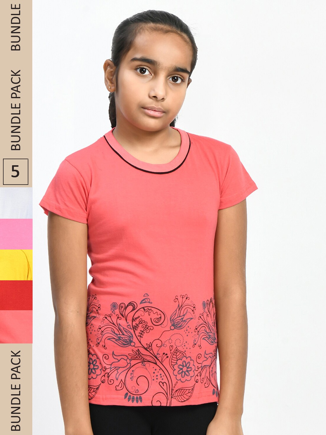 

IndiWeaves Girls Pack Of 5 Floral Printed Pure Cotton T-shirts, Coral