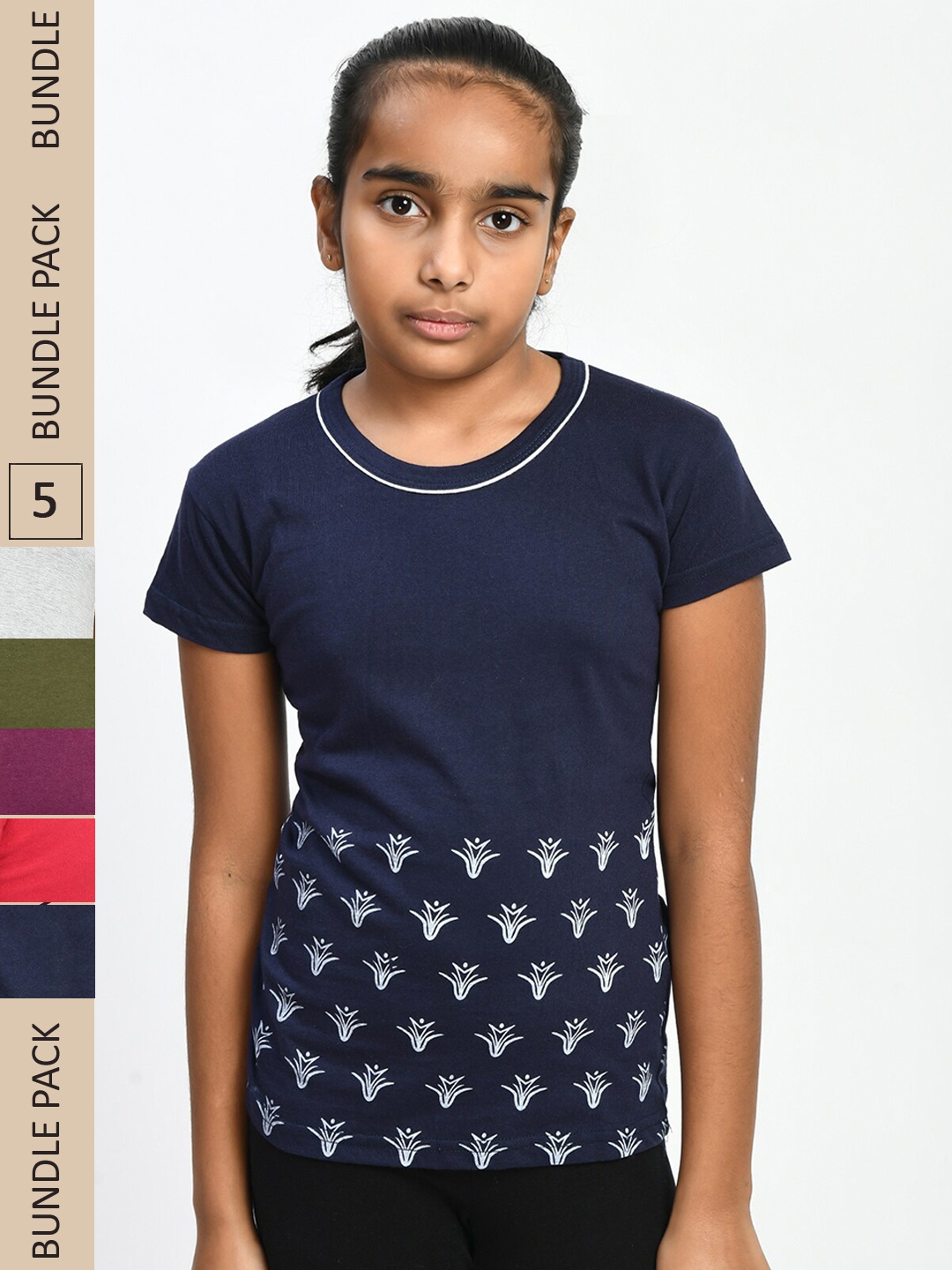 

IndiWeaves Girls Pack Of 5 Floral Printed Pure Cotton T-shirt, Navy blue