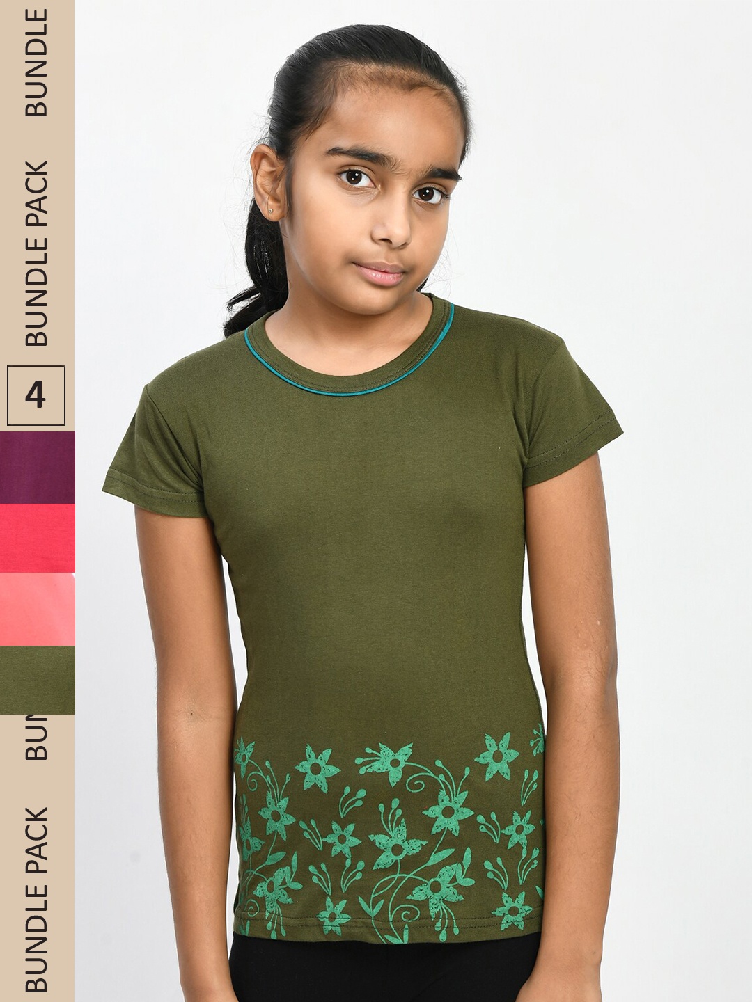 

IndiWeaves Girls Pack of 4 Floral Printed Pure Cotton T-shirts, Olive