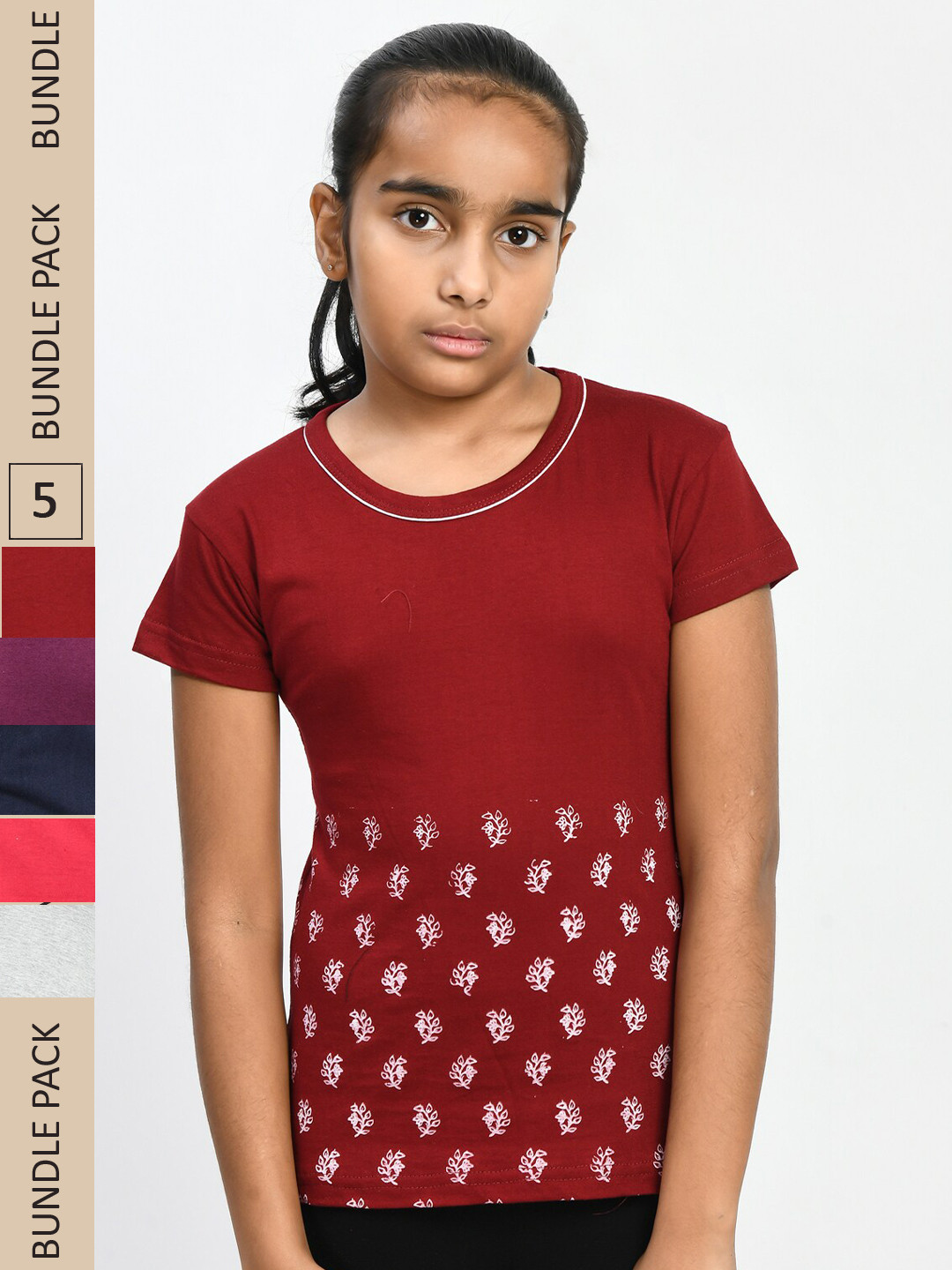 

IndiWeaves Girls Pack of 5 Printed Pure Cotton T-shirt, Maroon
