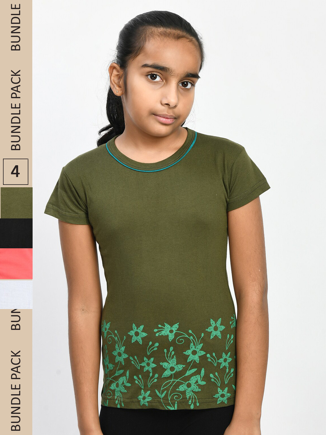 

IndiWeaves Girls Pack Of 4 Printed Round Neck Cotton T-shirt, Green
