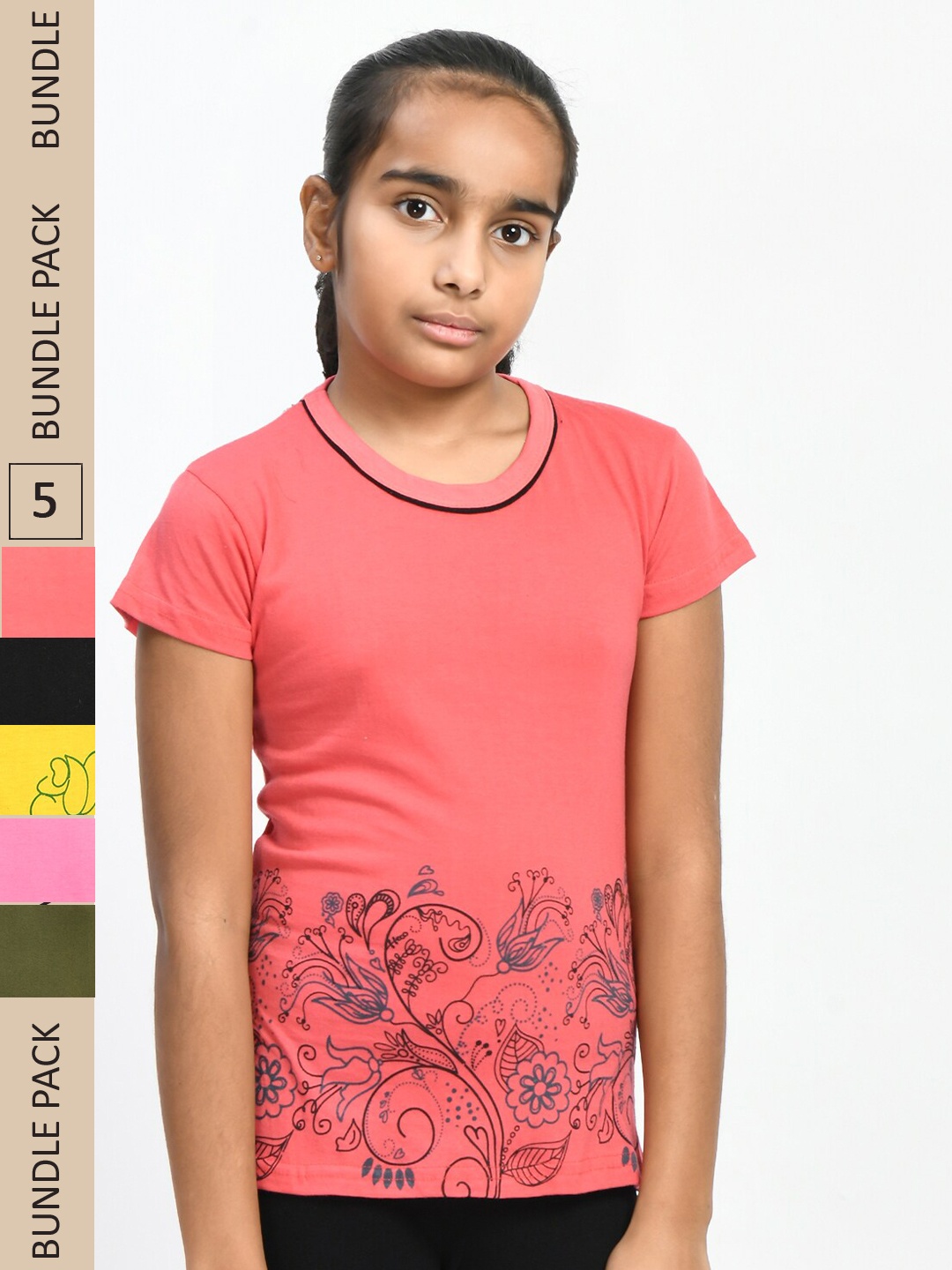 

IndiWeaves Girls Pack Of 5 Printed Knitted Pure Cotton T-Shirts, Coral