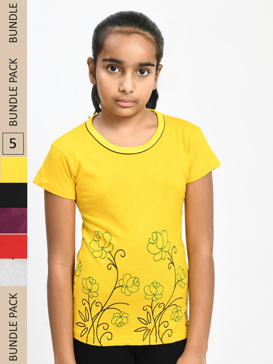 

IndiWeaves Girls Pack Of 5 Printed Round Neck Cotton T-shirt, Yellow