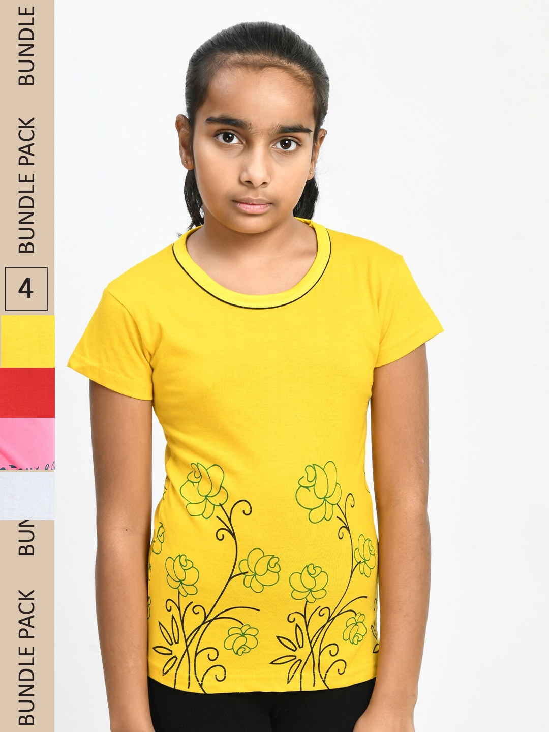 

IndiWeaves Girls Pack Of 4 Printed Knitted Pure Cotton T-Shirts, Yellow