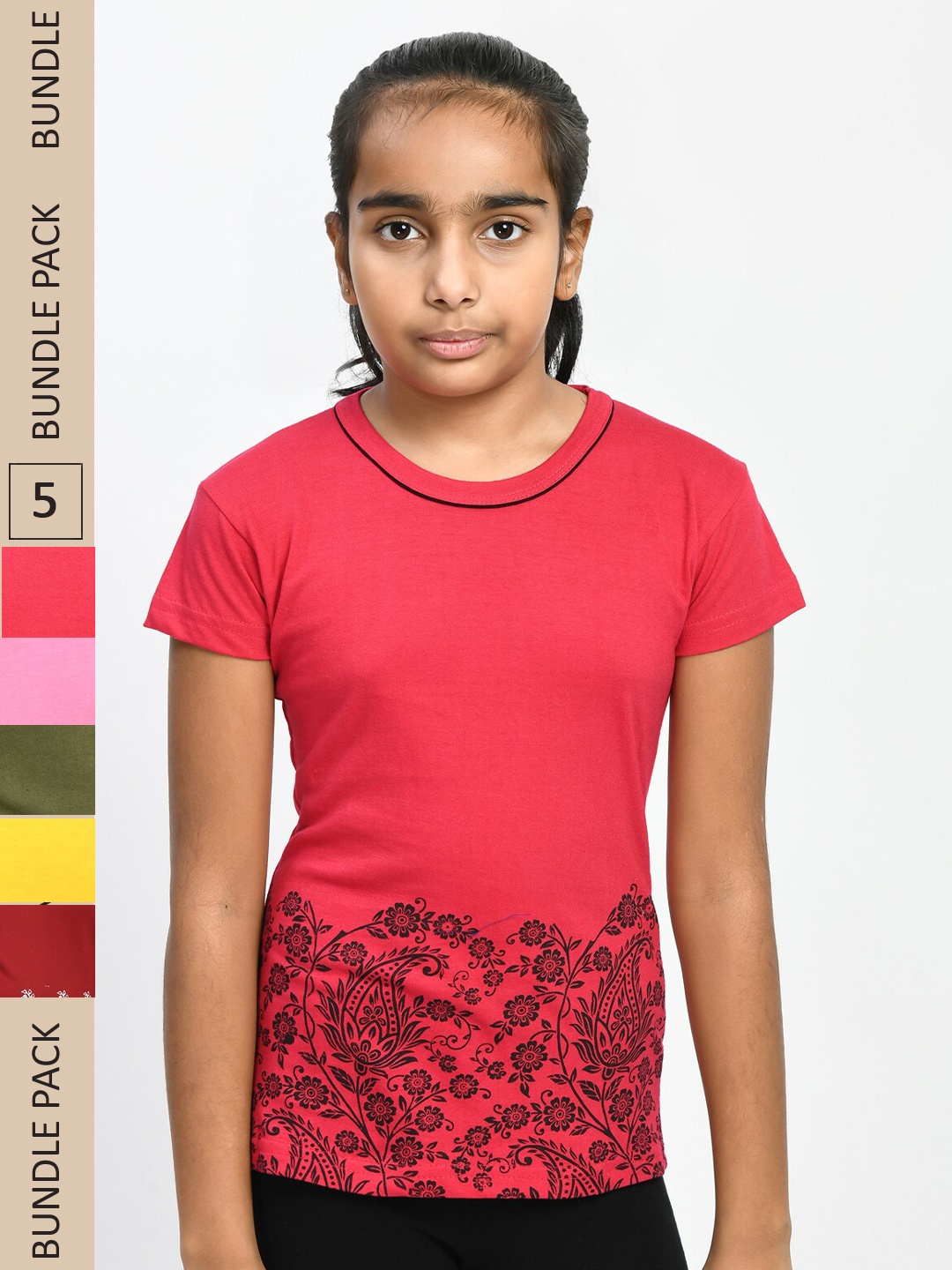 

IndiWeaves Girls Pack Of 5 Printed Knitted Pure Cotton T-Shirts, Coral