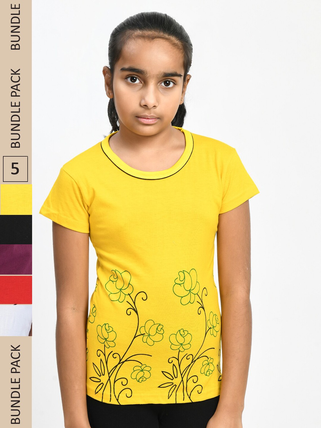 

IndiWeaves Girls Pack of 5 Printed Pure Cotton T-shirt, Yellow