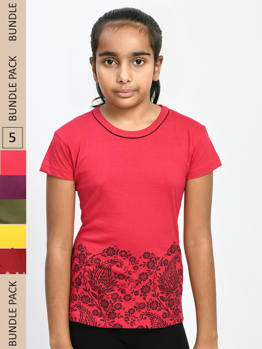 

IndiWeaves Girls Pack Of 5 Printed Knitted Pure Cotton T-Shirts, Coral