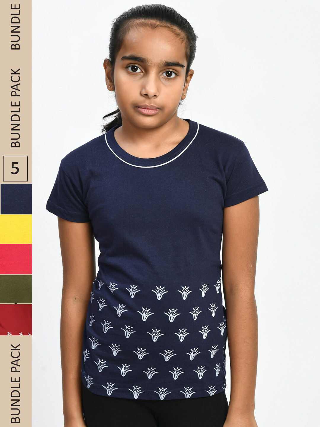 

IndiWeaves Girls Pack Of 5 Printed Round Neck Cotton T-shirt, Navy blue