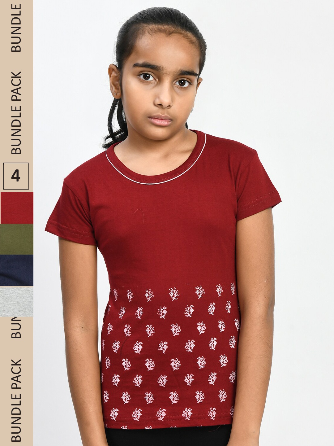 

IndiWeaves Girls Pack Of 4 Printed Knitted Pure Cotton T-Shirts, Maroon