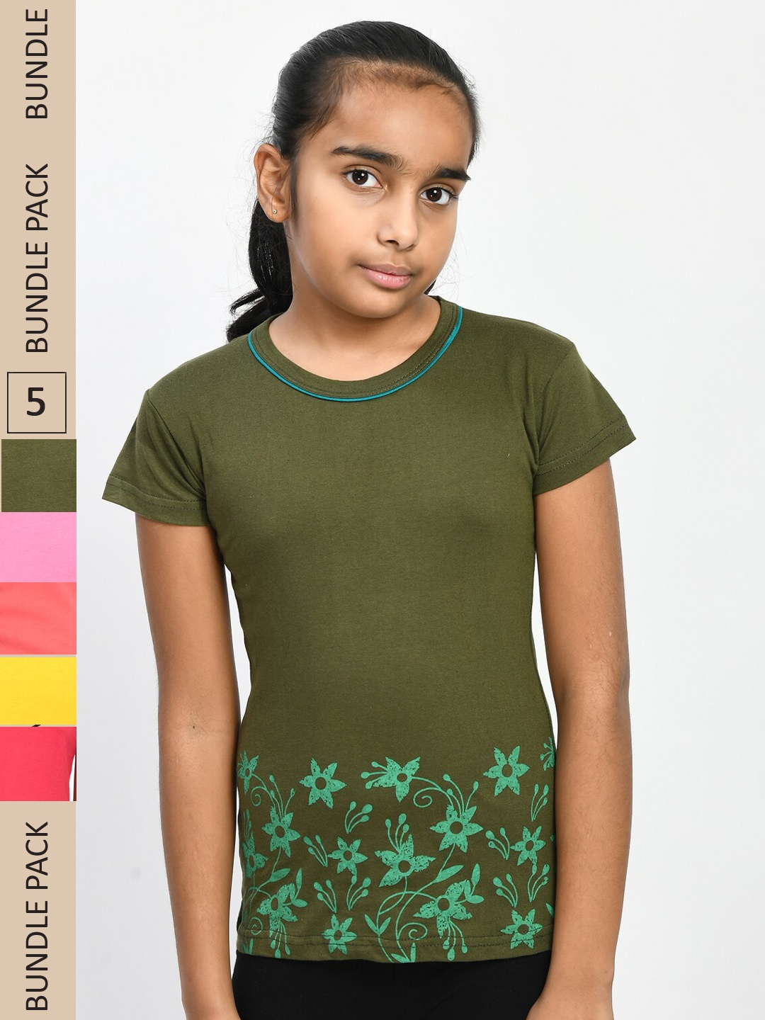 

IndiWeaves Girls Pack of 5 Printed Pure Cotton T-shirt, Green