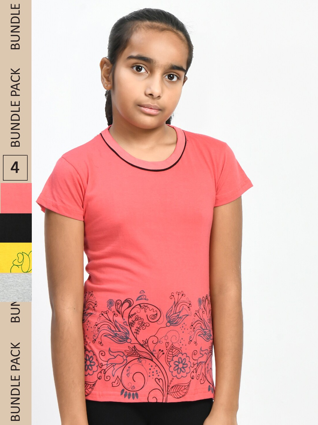 

IndiWeaves Girls Pack of 4 Floral Printed Pure Cotton T-Shirts, Coral