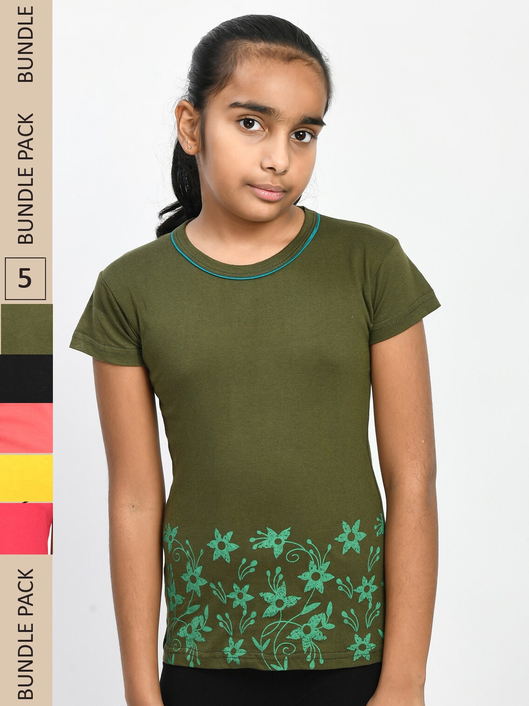 

IndiWeaves Girls Pack Of 5 Printed Knitted Pure Cotton T-Shirts, Olive