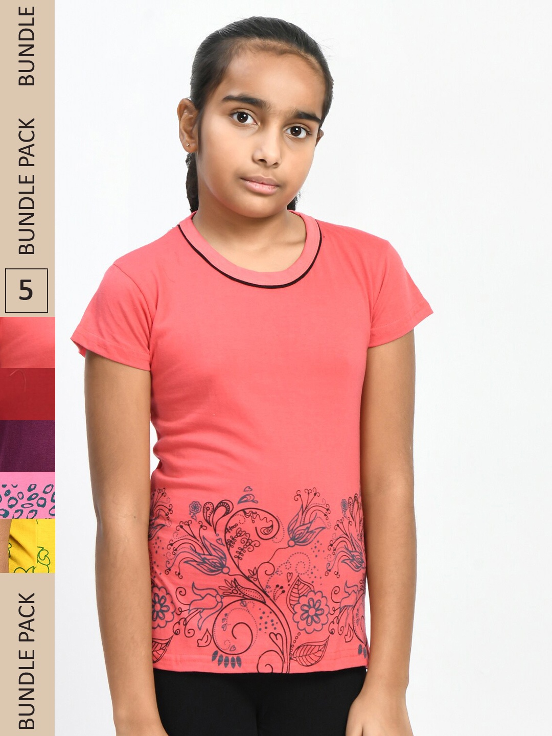 

IndiWeaves Girls Pack Of 5 Floral Printed Pure Cotton T-shirts, Coral