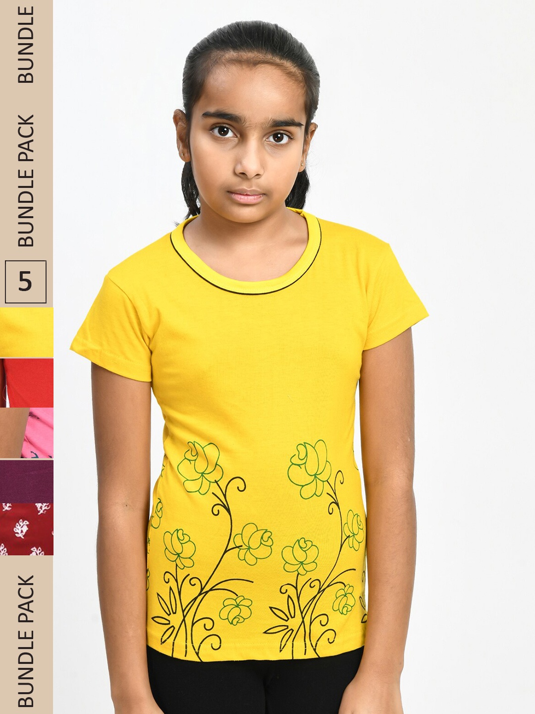 

IndiWeaves Girls Multicoloured 5 V-Neck Pockets T-shirt, Multi