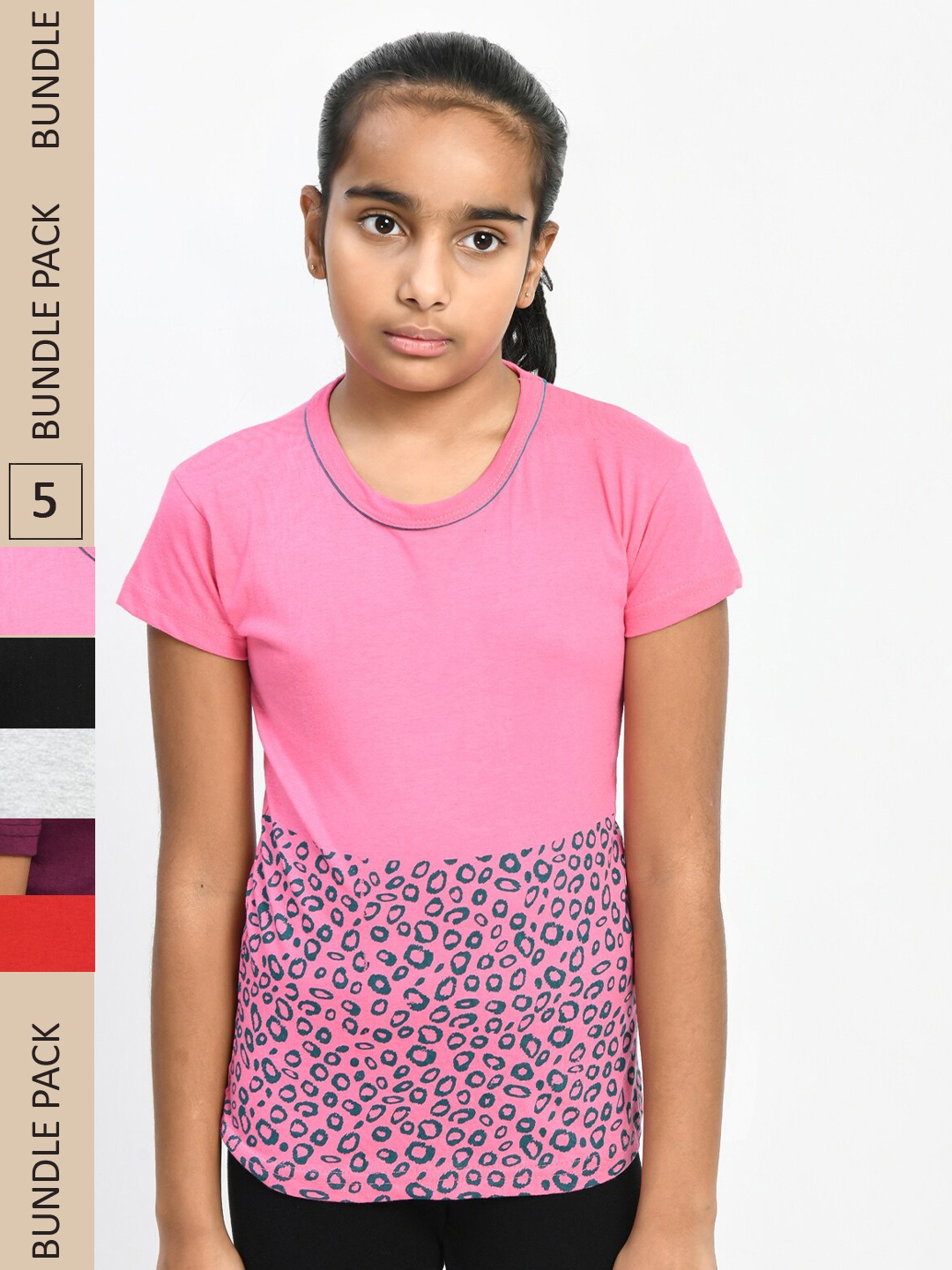 

IndiWeaves Girls Pack Of 5 Floral Printed Pure Cotton T-shirts, Pink
