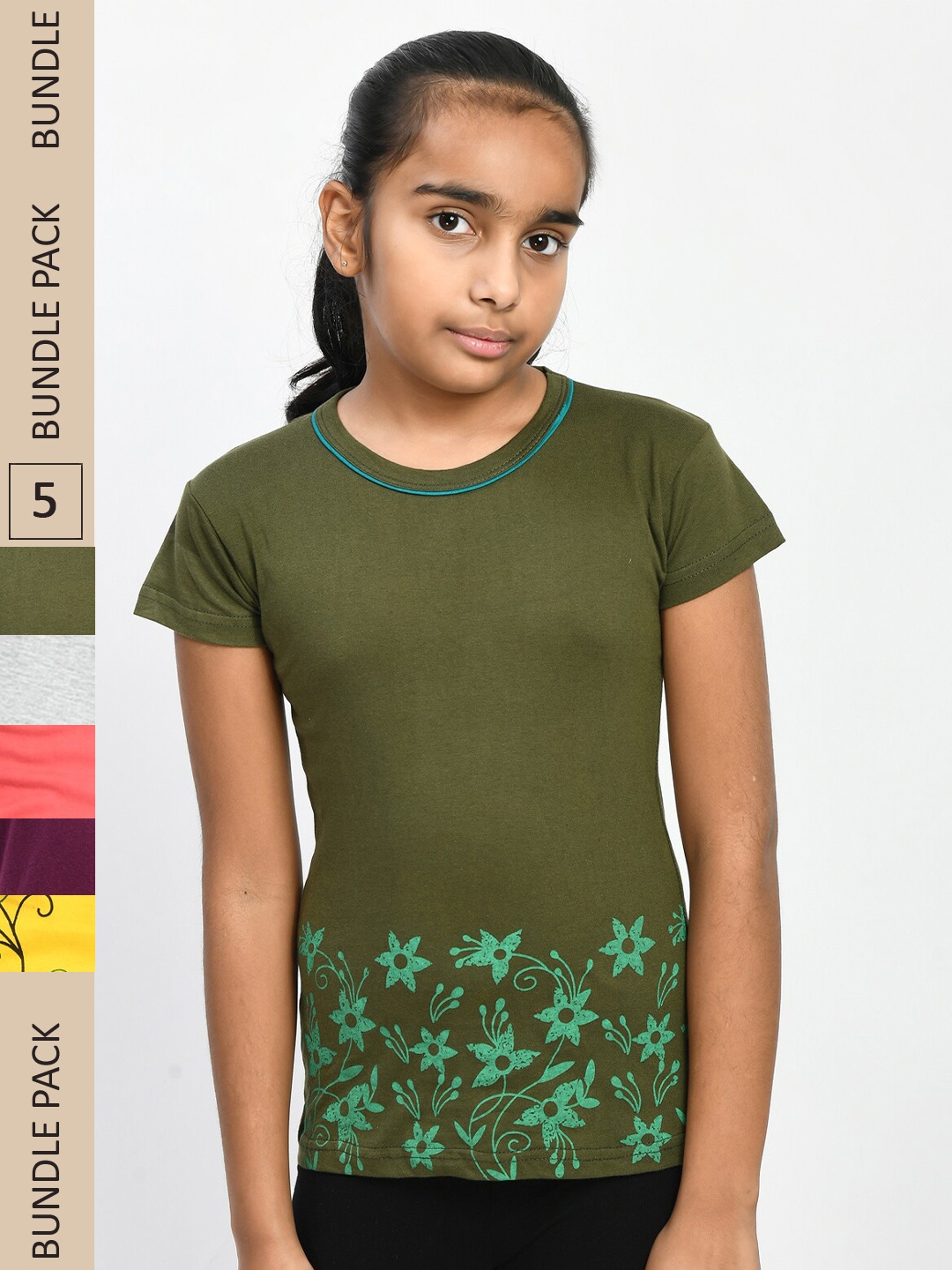 

IndiWeaves Girls Pack Of 5 Printed Pure Cotton T-shirt, Green