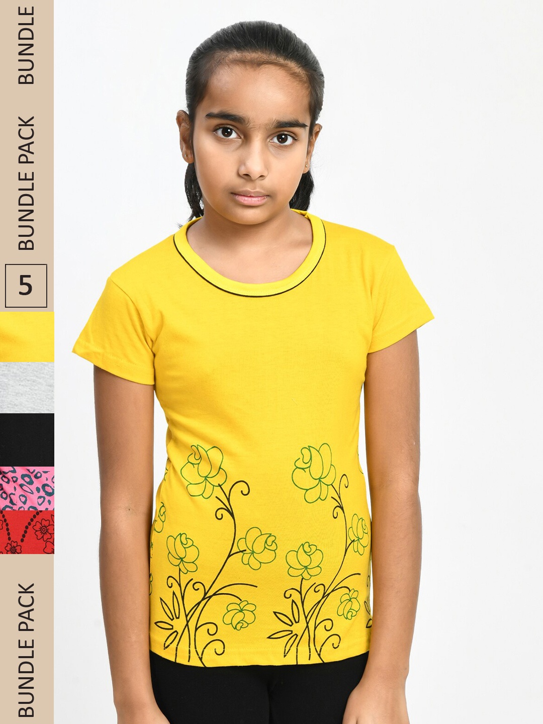 

IndiWeaves Girls Pack Of 5 Printed Pure Cotton T-shirt, Yellow