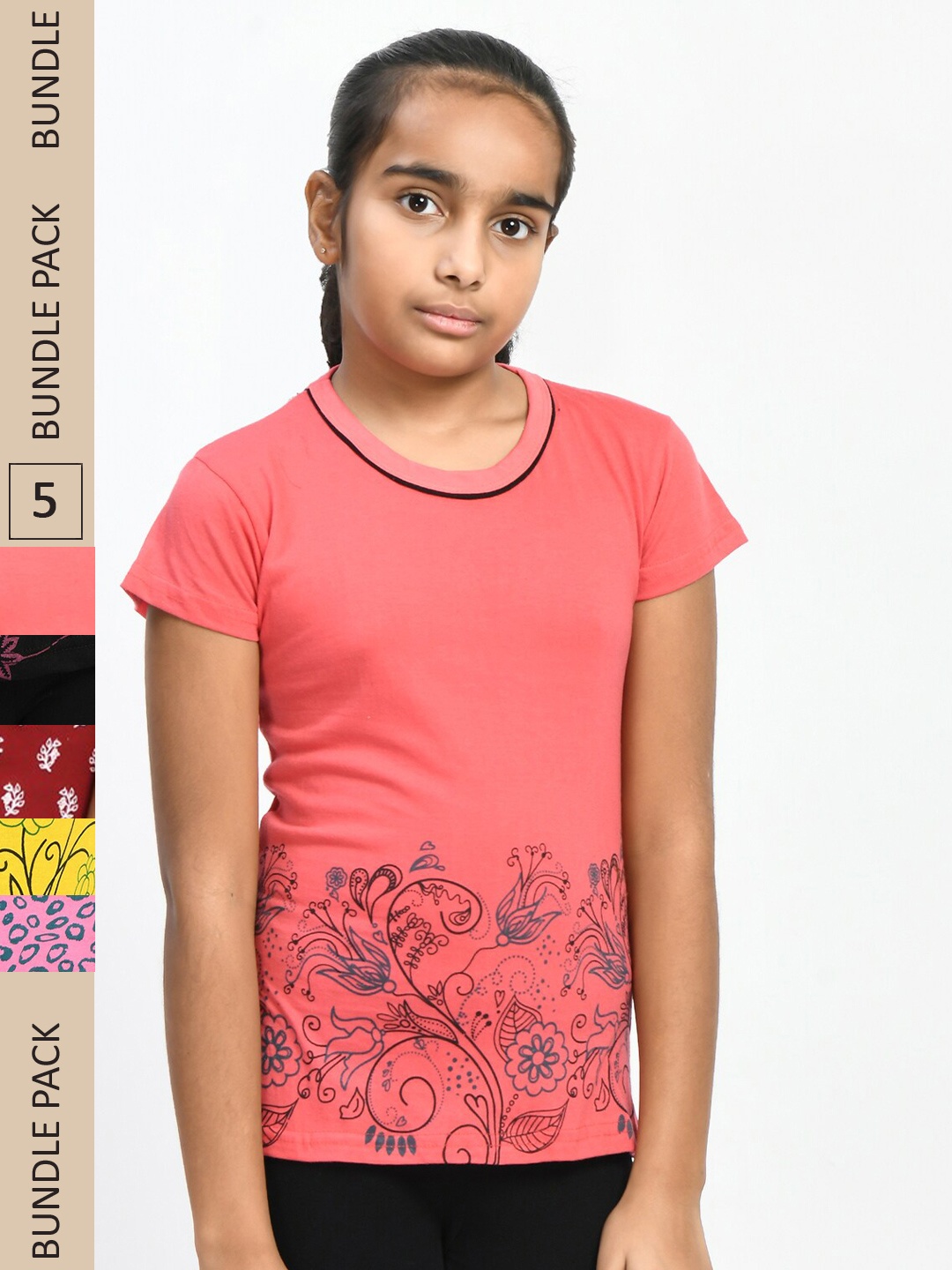 

IndiWeaves Girls Multicoloured 5 Printed V-Neck Pockets T-shirt, Multi