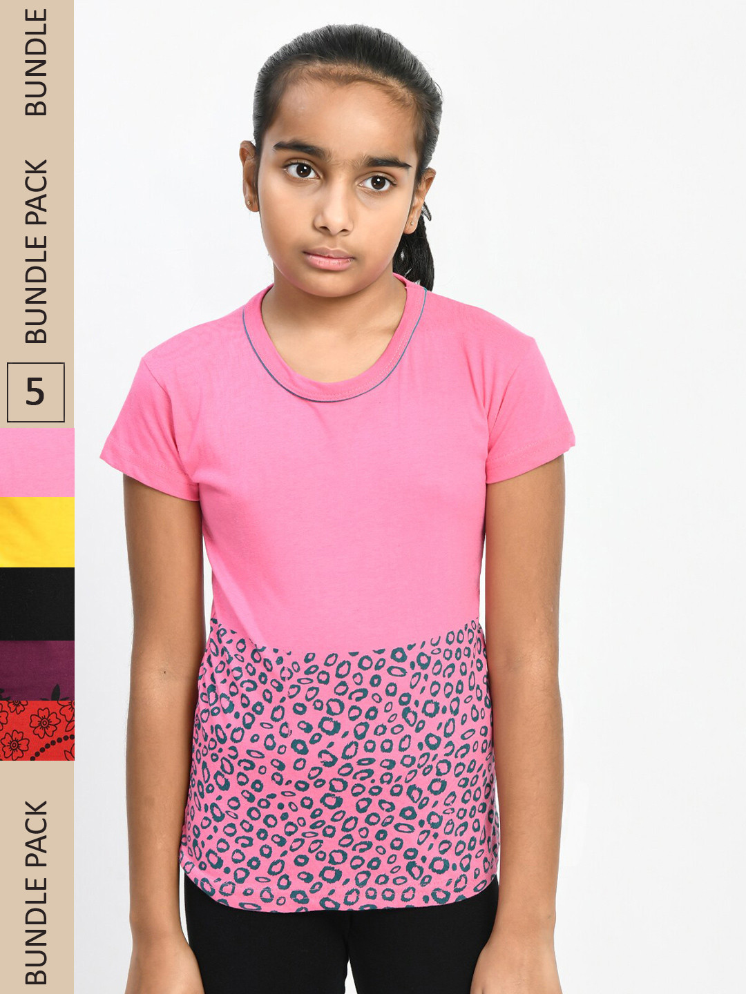 

IndiWeaves Girls Pack Of 5 Floral Printed Casual Pure Cotton T-shirts, Pink