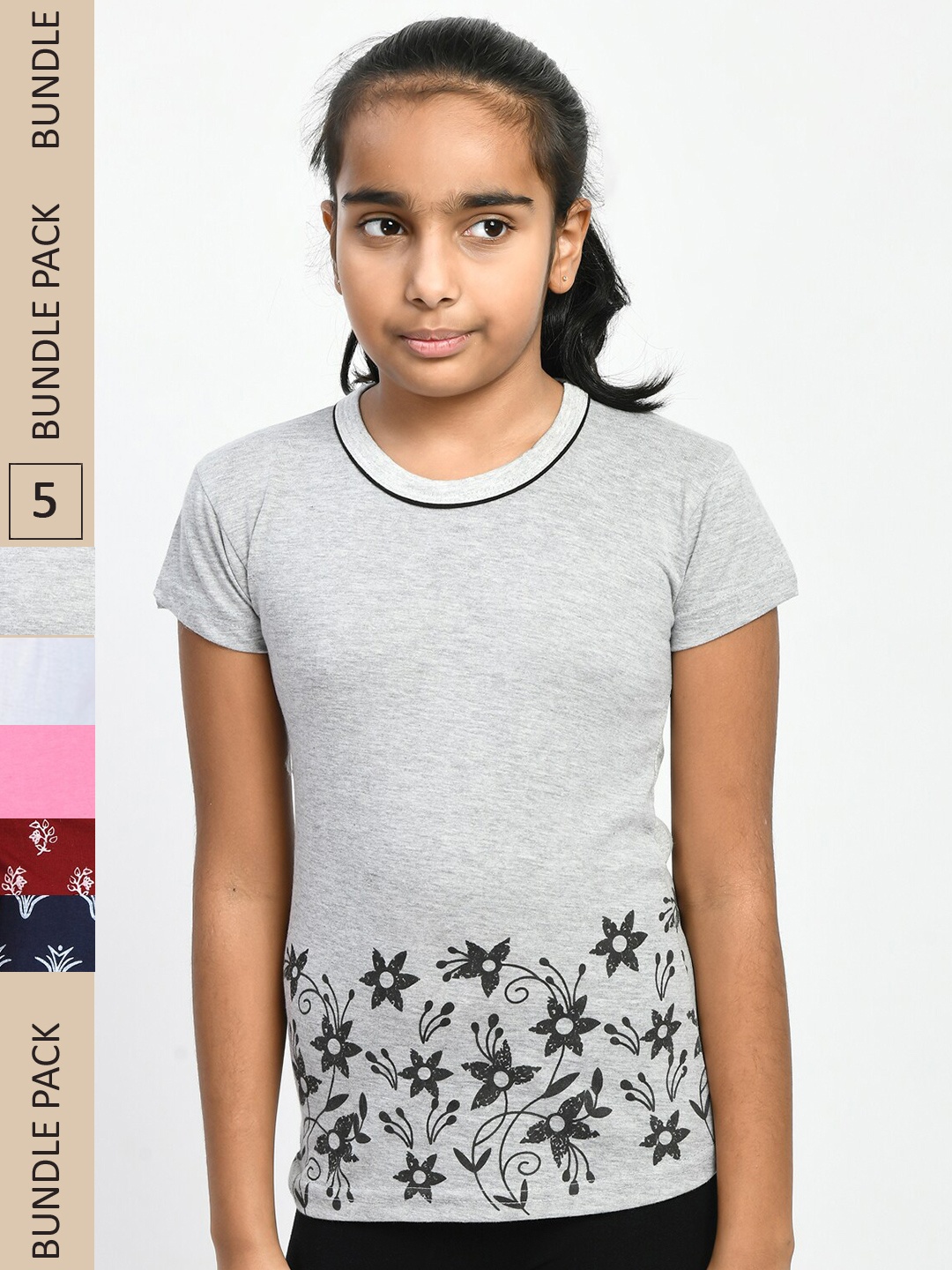 

IndiWeaves Girls Pack Of 5 Floral Printed Pure Cotton T-shirts, Grey