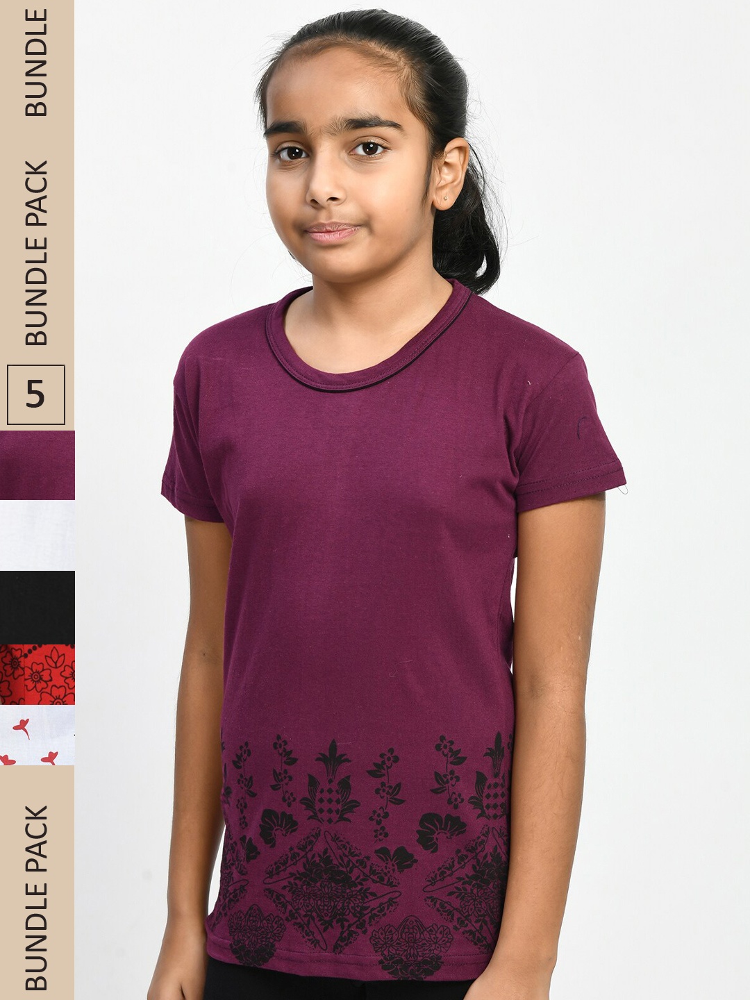 

IndiWeaves Girls Pack of 4 Floral Printed Pure Cotton T-shirts, Burgundy