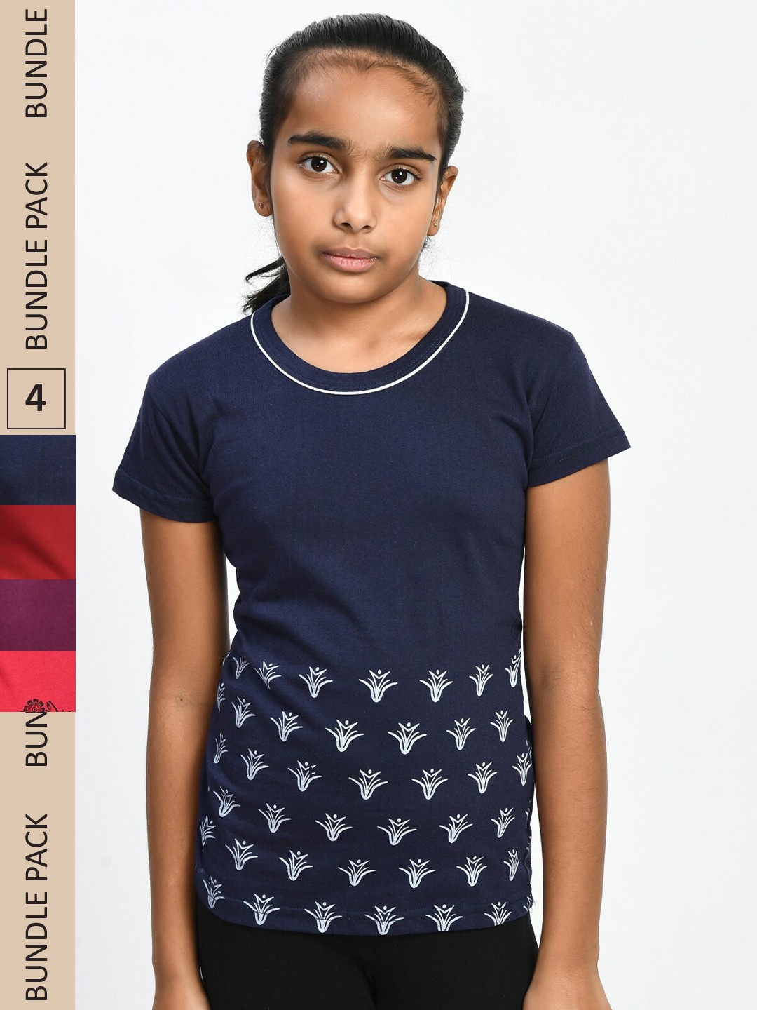 

IndiWeaves Girls Pack Of 4 Printed Pure Cotton T-shirt, Navy blue
