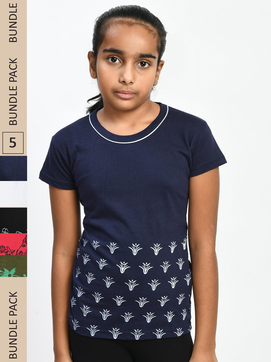 

IndiWeaves Girls Pack of 5 Printed Pure Cotton T-shirts, Blue