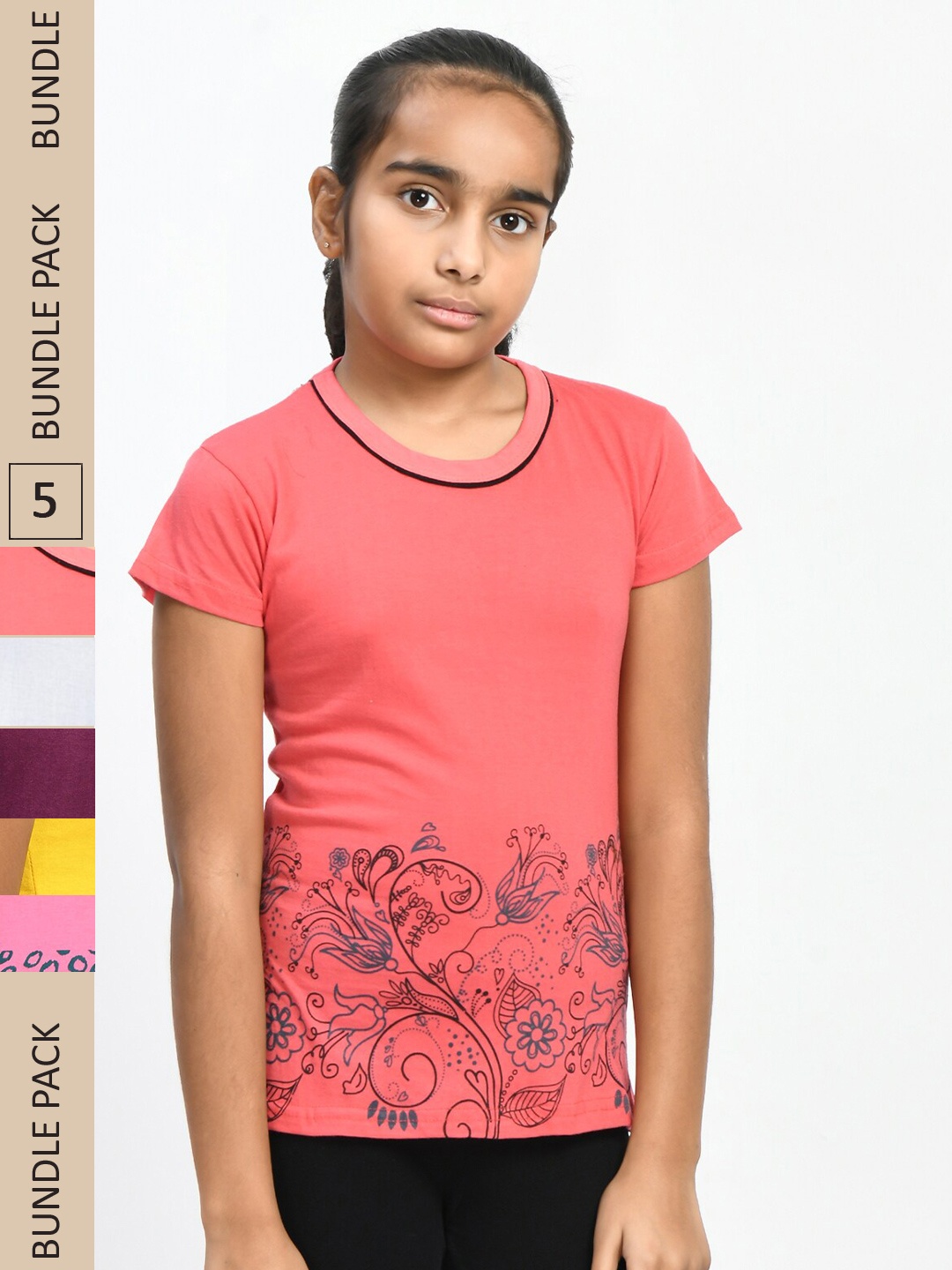 

IndiWeaves Girls Pack Of 5 Printed Pure Cotton T-shirt, Peach