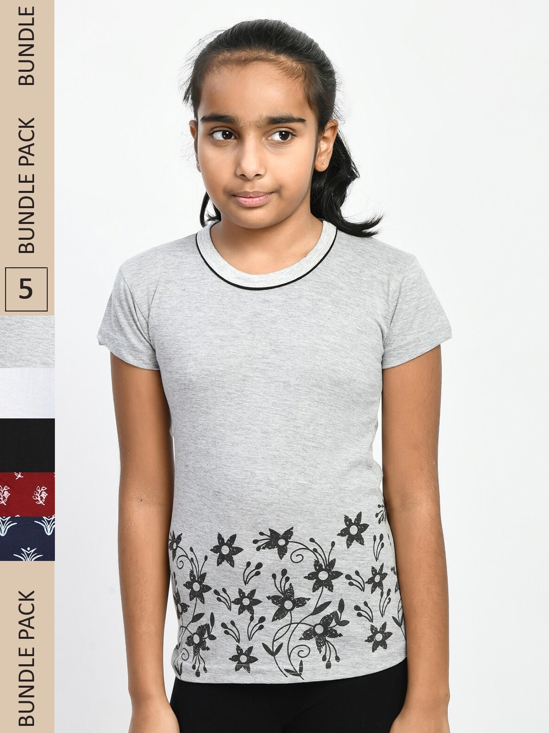 

IndiWeaves Girls Pack Of 4 Floral Printed Pure Cotton T-shirt, Grey