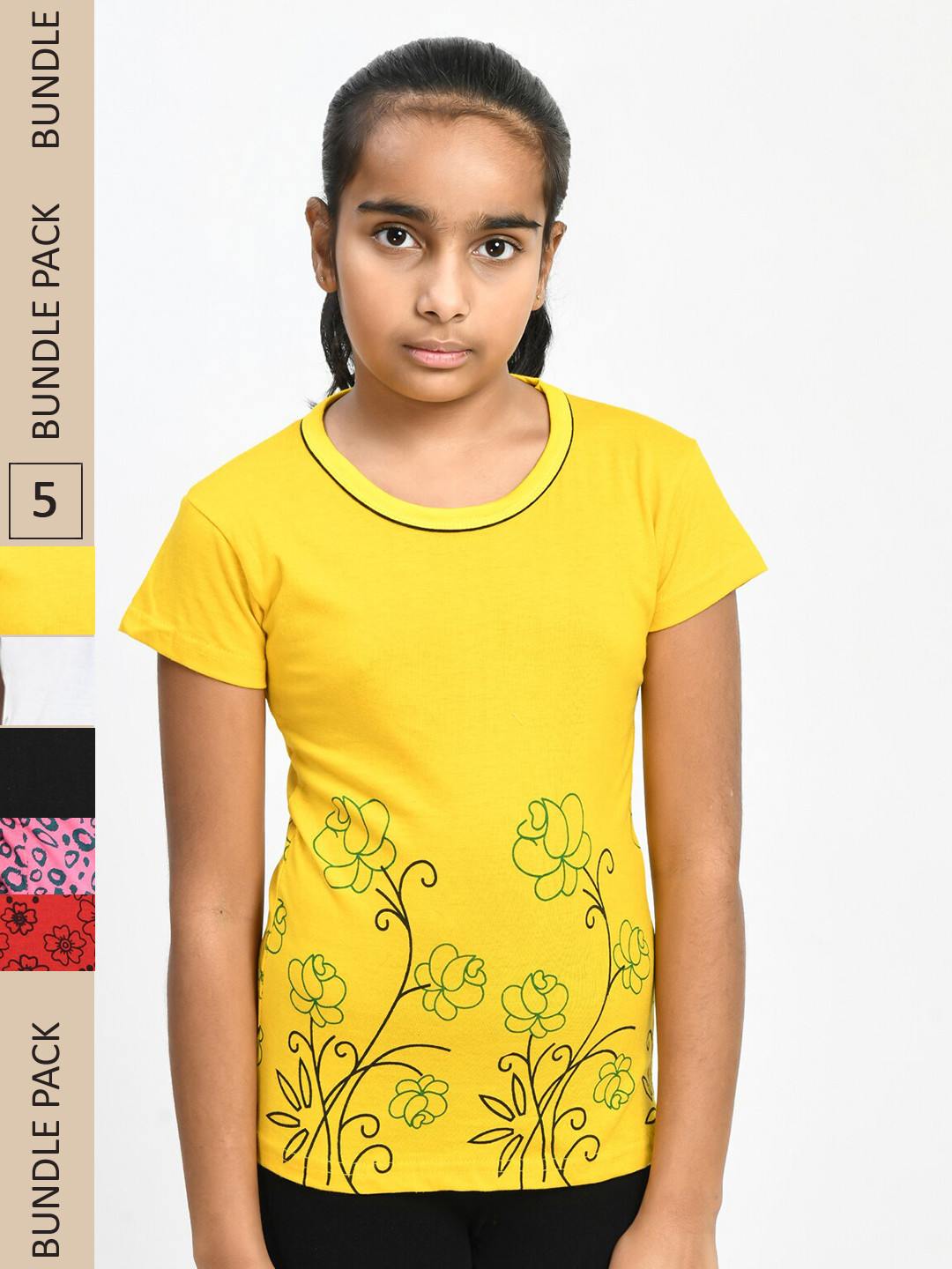 

IndiWeaves Girls Pack Of 5 Floral Printed Pure Cotton T-shirts, Multi