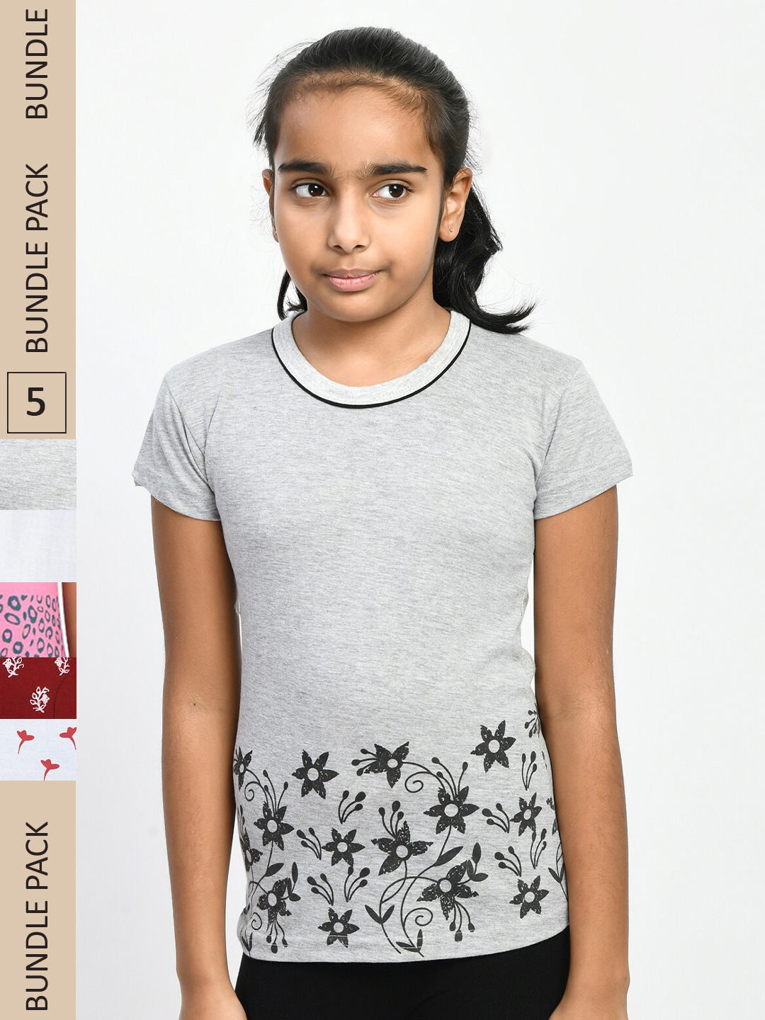 

IndiWeaves Girls Pack Of 4 Floral Printed Pure Cotton T-shirt, Grey