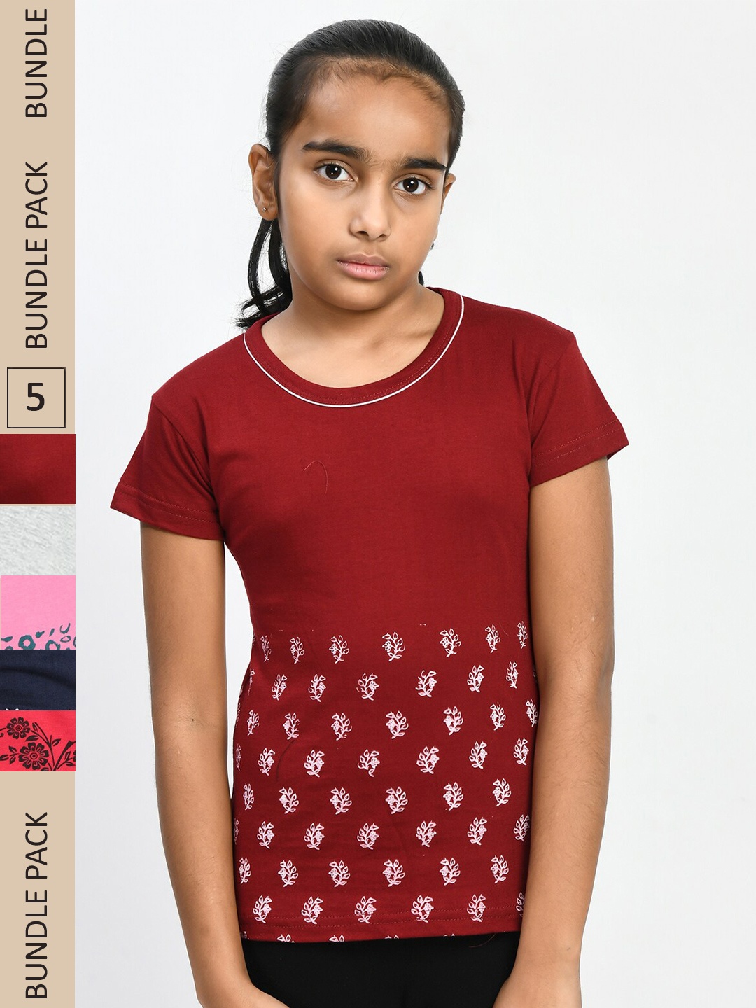

IndiWeaves Girls Pack of 5 Printed Pure Cotton T-shirts, Maroon