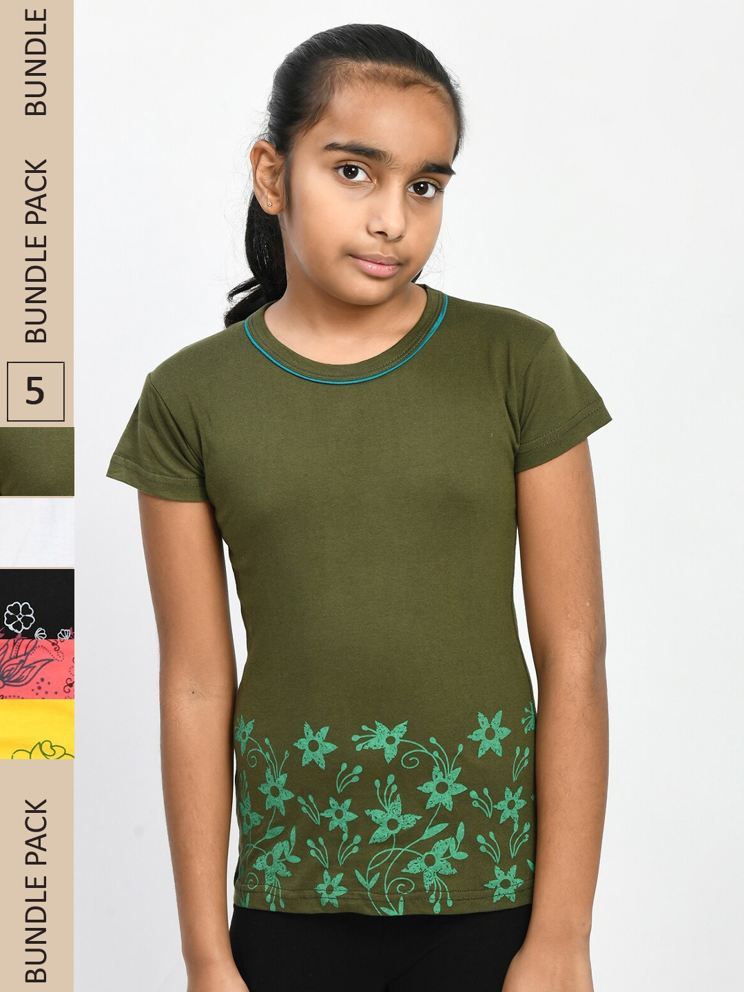 

IndiWeaves Girls Pack Of 5 Printed Pure Cotton T-shirt, Green