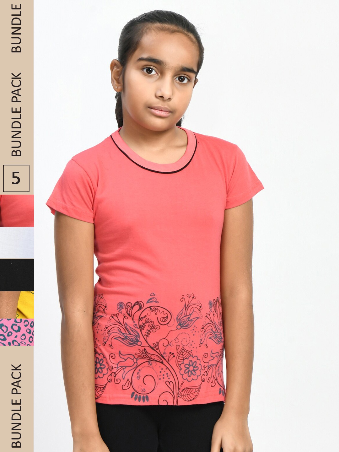 

IndiWeaves Girls Pack of 5 Printed Pure Cotton T-shirts, Peach