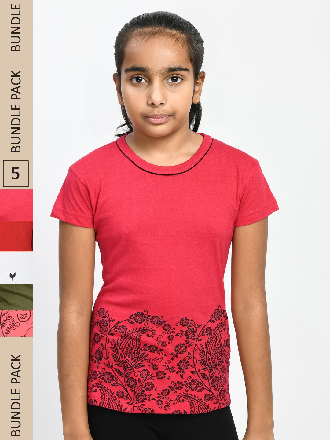 

IndiWeaves Girls Pack of 5 Printed Pure Cotton T-shirts, Pink